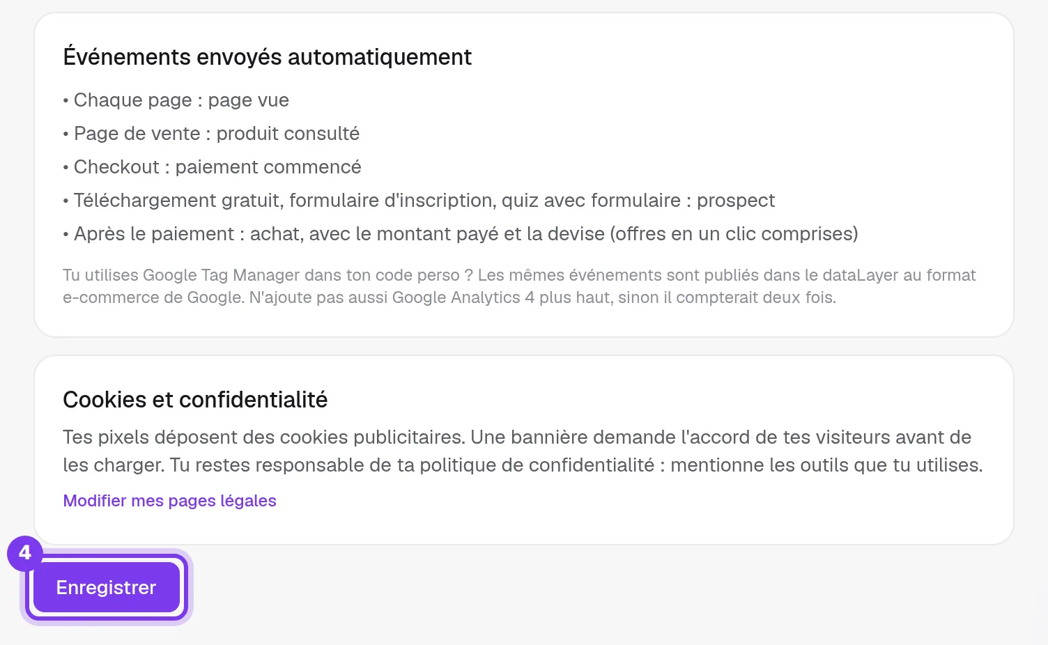 La liste des événements envoyés automatiquement, la carte Cookies et confidentialité et le bouton Enregistrer