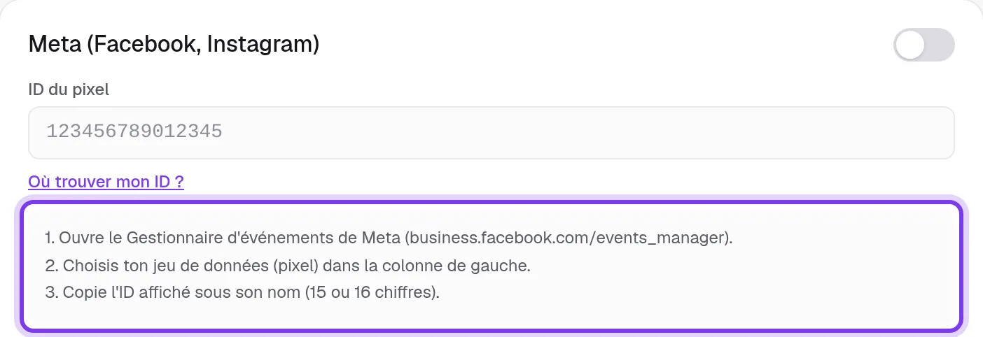 La carte Meta avec son champ ID du pixel et, sous Où trouver mon ID ?, trois étapes pour trouver l'ID dans le Gestionnaire d'événements de Meta