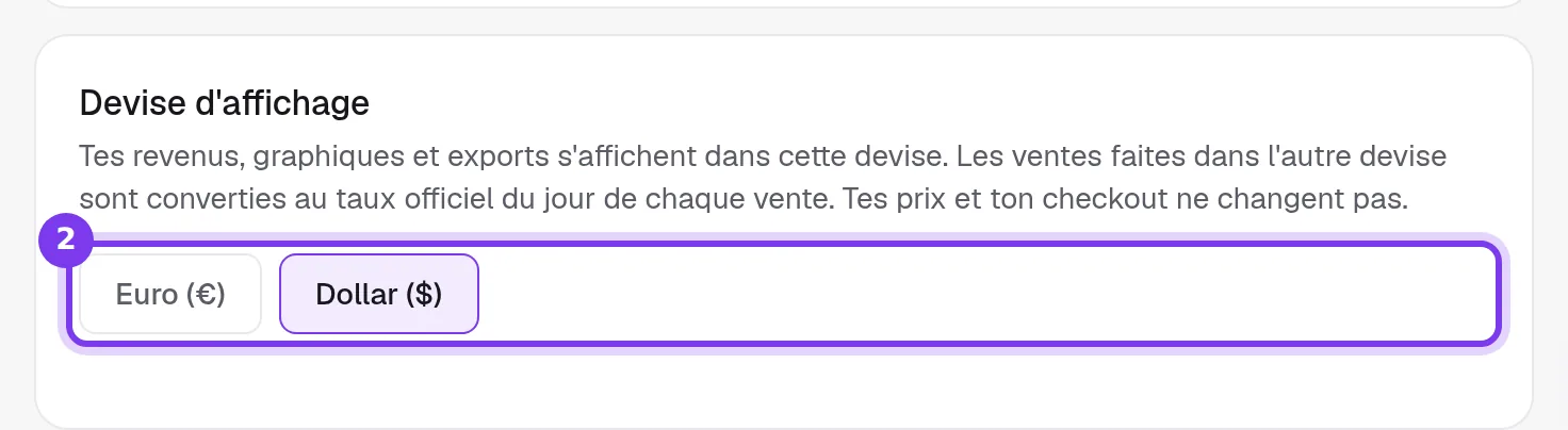 La carte Devise d'affichage avec ses deux boutons, Euro et Dollar