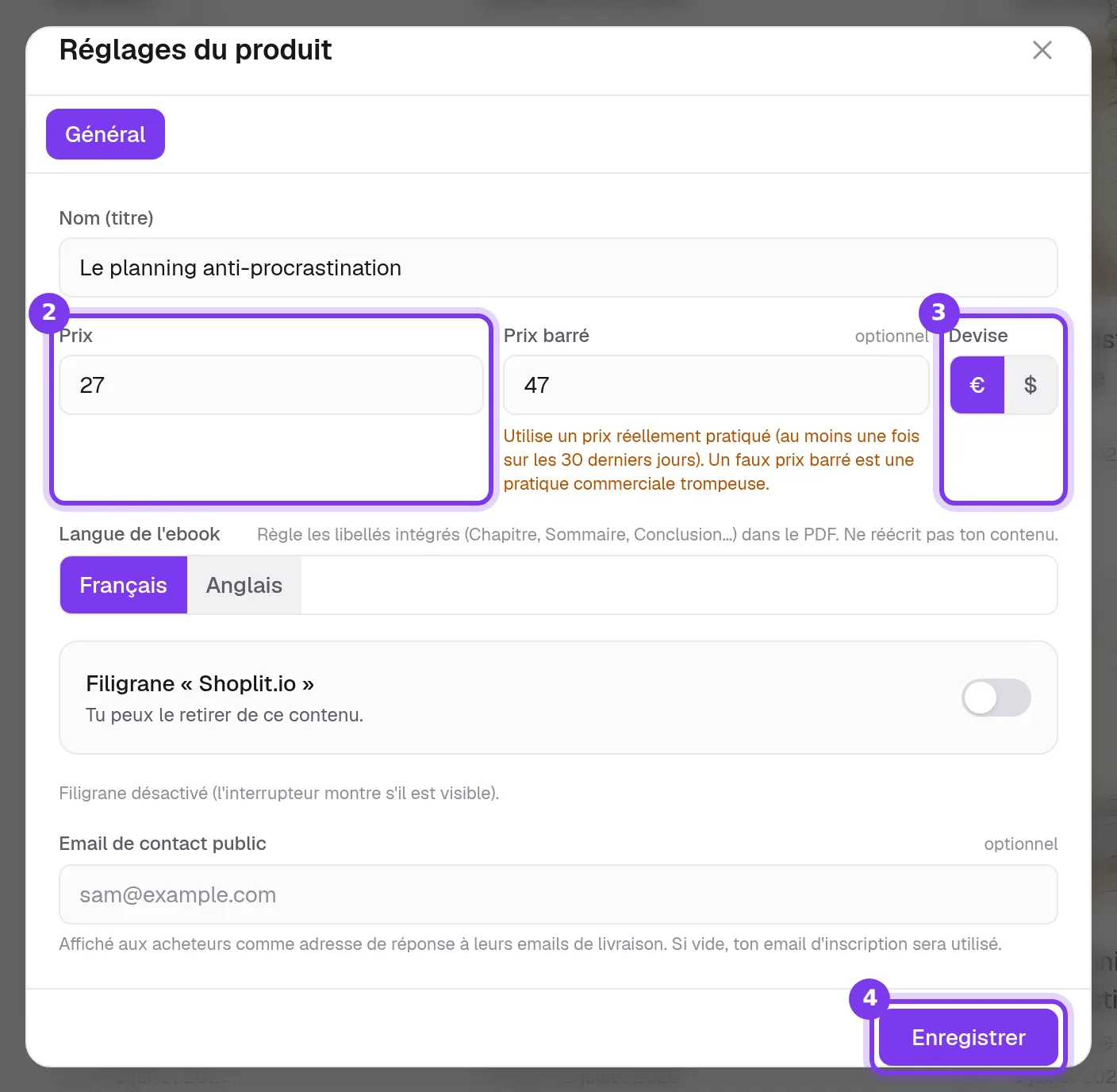 La fenêtre Réglages du produit avec les champs Prix et Devise et le bouton Enregistrer