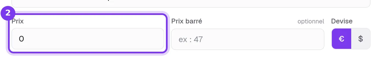 Le champ Prix à 0 dans les réglages du produit