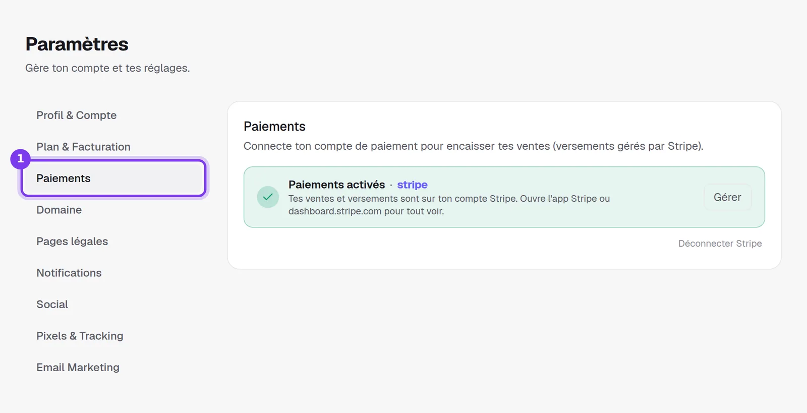 L'onglet Paiements des paramètres de Shoplit