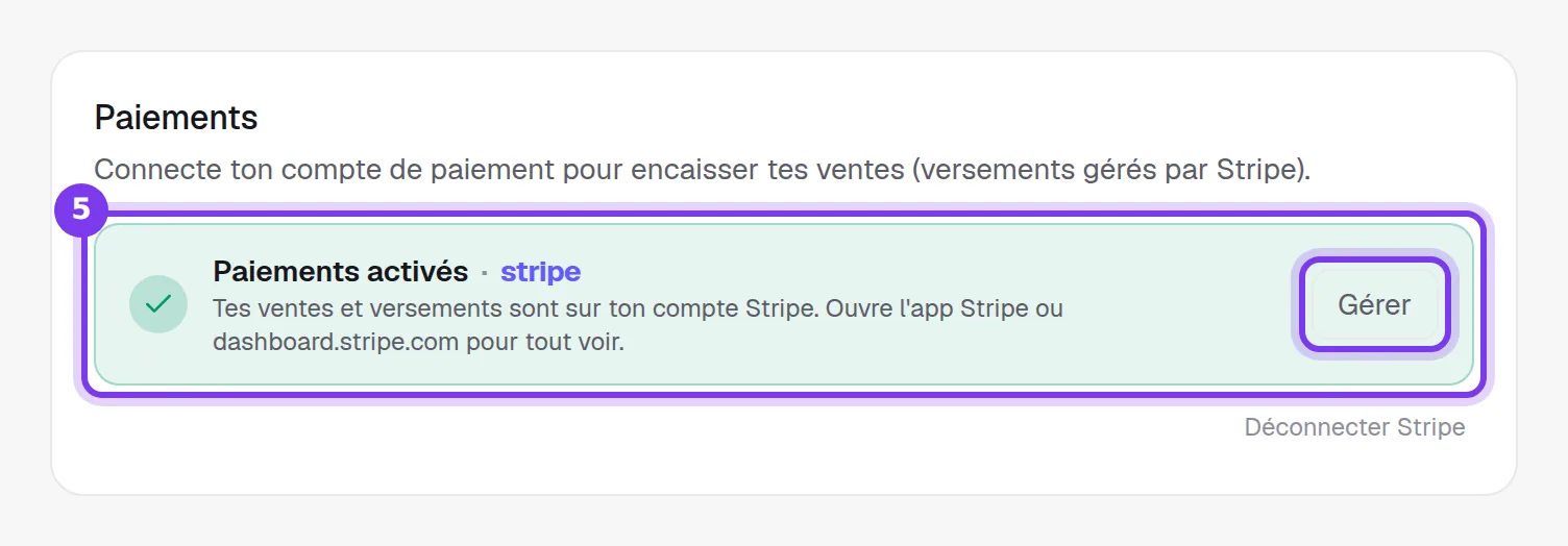La carte Paiements qui affiche Paiements activés avec Stripe, et le bouton Gérer